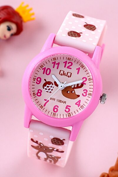 Q&Q 1 Deer Pattern Pink Color 10 Atm Waterproof Girl's Wristwatch