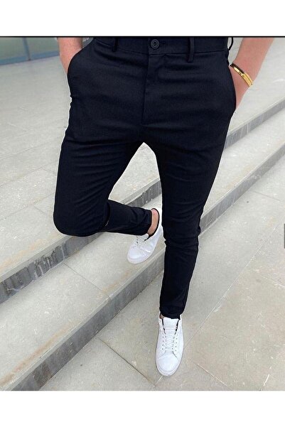 ElitWear بنطلون كتان أسود بقصة ضيقة للرجال