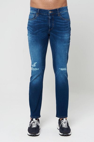 CROSS JEANS Medium Blue Slim Buttoned Trousers with Patch Detail E 4405-006