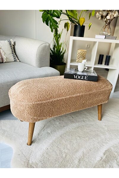 WEBPANYA Retro Ceviz Renk Ahşap Ayaklı Geniş Oturum Alanlı Oval Bench Puf Kahverengi Teddy Kumaş