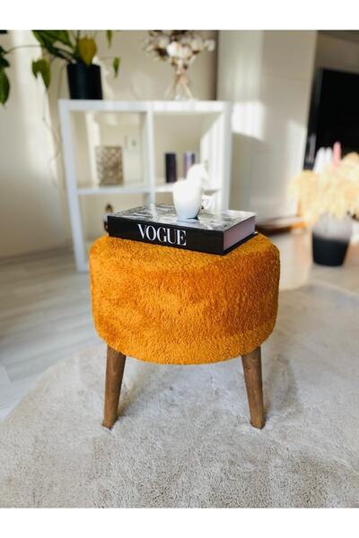 WEBPANYA Gürgen Ahşap Ayak Turuncu Teddy Kumaş Pofidik Puf