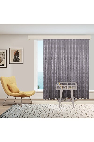 perhal perde ve halı Damaks Osmanlı Desen Gri Örme Kırışmayan Pilesiz Tül Perde