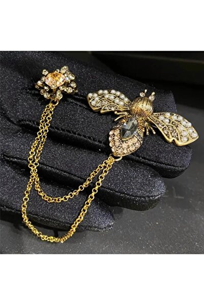 ESJ Zincirli 2 Li Çiçek Arı Kadın Broş E84747 Ebat: 3,9*4,1 Cm