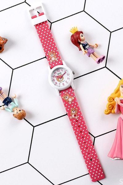 Q&Q Bd6240j13 Bear Patterned Polka Dot Cord Girl's 10 Atm Waterproof Wristwatch