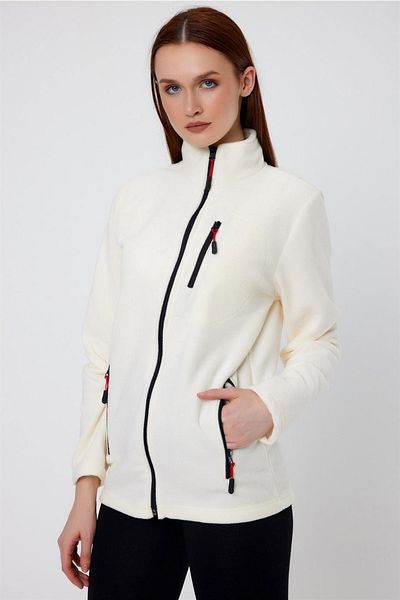 MAXIMILLIAN Women's Fleece Ecru Color 3 Pocket Zippered Bato Collar Outdoor Fleece