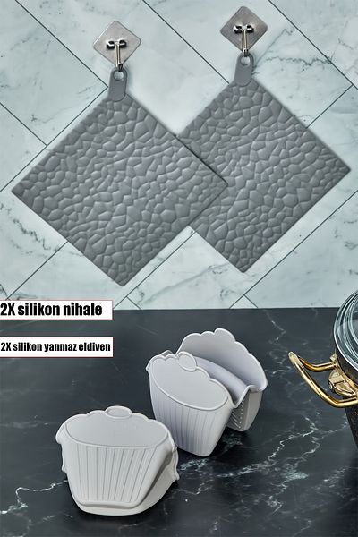 vipgross Set of 4 Silicone Trivets and Gloves Gray