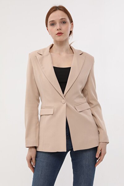 diaves Krem Tek Düğme Kadın Dokuma Kumaş Ceket