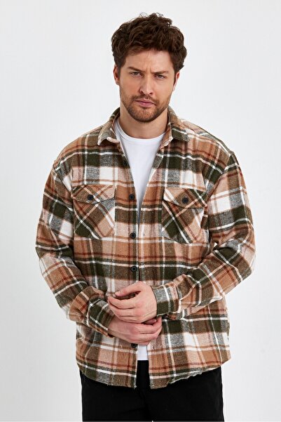 Tarz Cool Khaki Cream Red Men's Plaid Double Pocket Flap Regular Jacket Shirt
