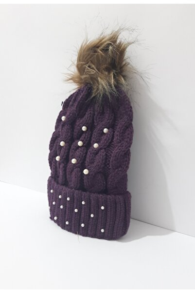 renkli çiçekler Лисяча шапка з хутром, лілового кольору, жіноча шапка