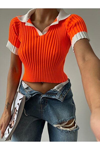Esram Butik Women's Orange Polo Neck Crop Knitwear Sweater - Stylish and Mode...