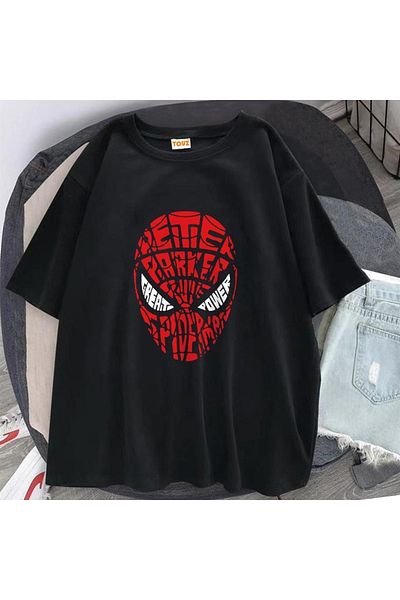 Touz Spider-Man Head Printed Μαύρο μπλουζάκι Unisex Oversize