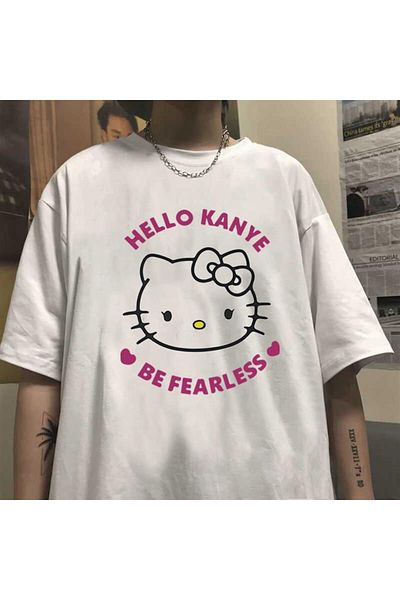 Touz Moda Hello Kanye Be Fearless εμπριμέ λευκό μπλουζάκι Unisex Oversize
