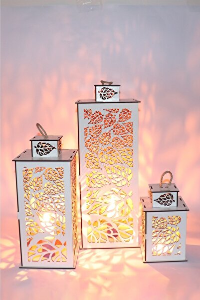 EDKZEKA Ahşap Fener Mumluk 3 Lü Set Yaprak Model
