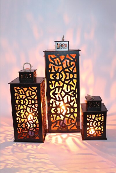 EDKZEKA Ahşap Fener Mumluk 3lü Set (labirent Model)