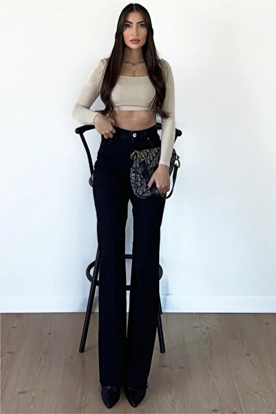 DRC trend 90-ih Crne - Visok struk Sa likrom Široke Palazzo farmerke