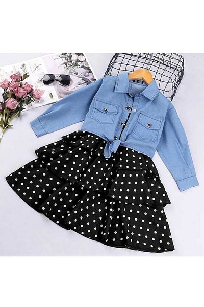 bir dünya çocuk Denim Cepken Polka Dot Dress Girl's Dress