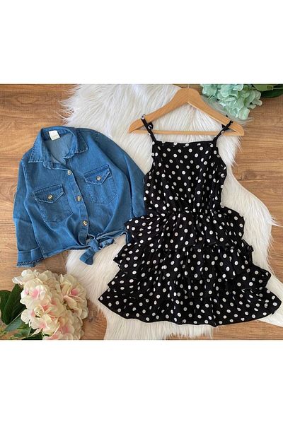 bir dünya çocuk Denim Cepken Polka Dot Dress Girl's Dress