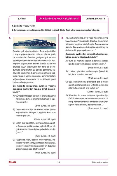 Puan Yayınları Puan 8. Sınıf Lgs 1. Dönem Çözümlü 3 Deneme
