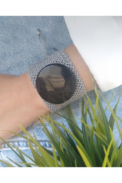 ZeynDesign Women's Natural Stone Silver Color Black Stone Macrame Bracelet