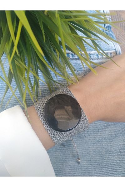 ZeynDesign Women's Natural Stone Silver Color Black Stone Macrame Bracelet