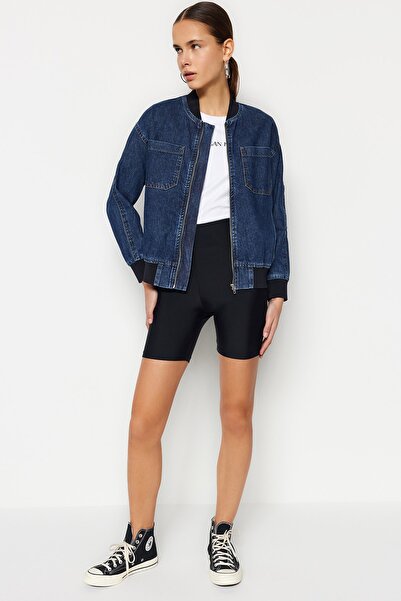 Trendyol Collection Blue Rib Detailed Bomber Denim Jacket TWOAW23CE00187