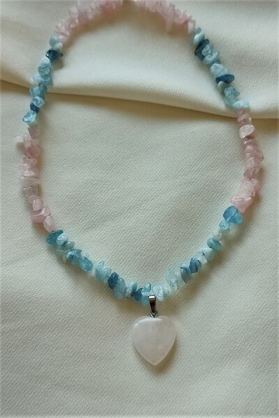badeaccessories Sertifikalı Akuamarin, Pembe Kuvars Kalp Doğaltaş Kolye