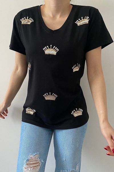FEMELLE Tricou negru din bumbac cu decolteu în V King Crown brodat cu paiete