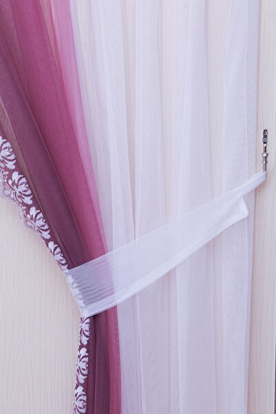 perhal perde ve halı Gradient Color Gradient Plum Moretecs, Embroidered Lingerie and Background Complete Set, Sparse Pleated Tulle Curtain