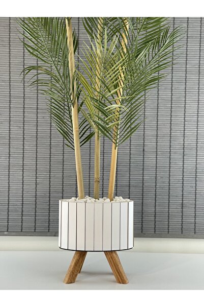 Bahçem Yapay Çiçek Palmiye Ahşap Elips Saksılı Ayaklı Areka Yapay Bitki Salon Çiçeği 18 Yapraklı 135cm