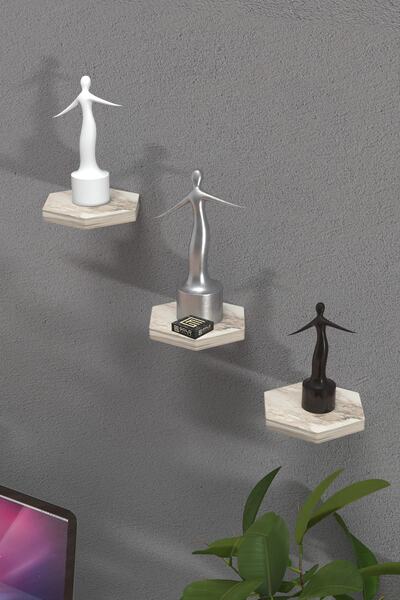 ilkal Duvar Rafı Dekoratif 3 Adet Çiçeklik Altıgen Efes