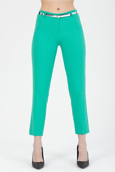 MD trend Women's Green Belted Classic Fabric Trousers