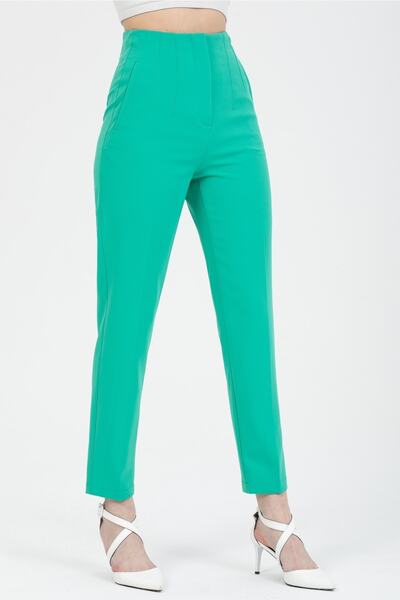 MD trend Women's Green High Waist Darted Carrot Cut Fabric Trousers