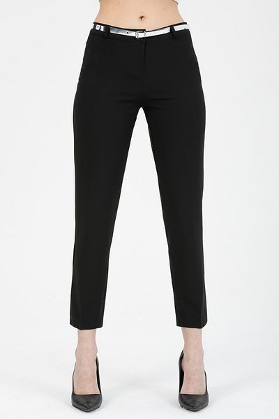 MD trend Women's Black Belted Classic Fabric Trousers