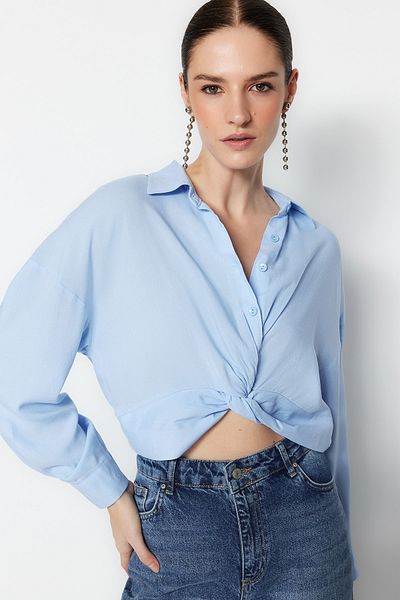 Trendyol Collection Bluză țesătă crop cu nod albastru deschis TWOSS23BZ00442
