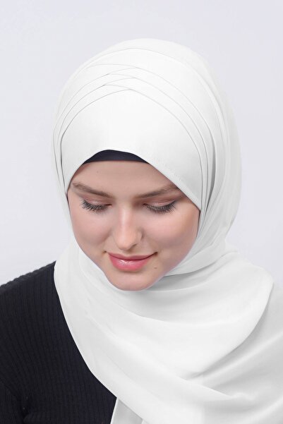 Altobeh Практичний хіджаб з плісированою діагональною стрічкою з шифону - Екрю