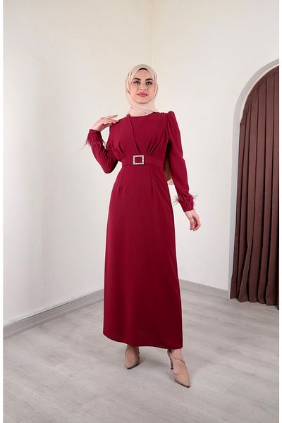 Aranlı tekstil Φόρεμα Hijab μανίκια σε μορφή μολυβιού με λεπτομέρεια από πούπουλα
