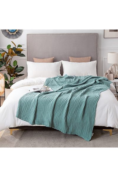 EVYA 200x220 Cuvertură de pat elegantă, verde, rece, 100% bumbac, muselină cu 4 straturi