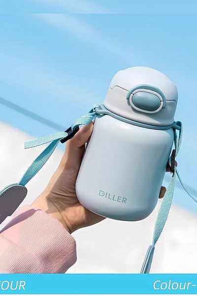 DILLER 420ml Steel Flask with Straw Strap, 6 Hours Warm/Cold Keeping Time, 5 Different Colors Thermos