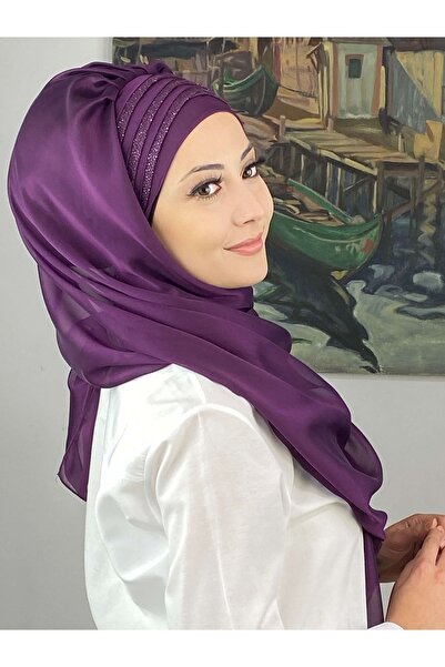 BUTİKAMBAR Topkapı Çapraz Drapeli Biritleri Simli Fransız Şifon Koyu Mor Hazır Şal