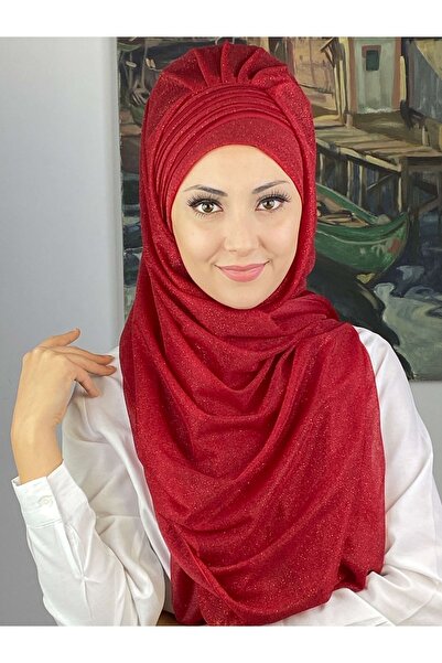 BUTİKAMBAR Saray Model Fransız Şifon Drapeli Simli Kırmızı Hazır Şal