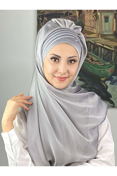 BUTİKAMBAR Saray Model Simli Drapeli Fransız Şifon Açık Gri Hazır Şal