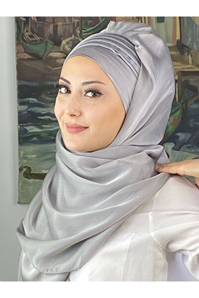 BUTİKAMBAR Saray Model Simli Drapeli Fransız Şifon Açık Gri Hazır Şal