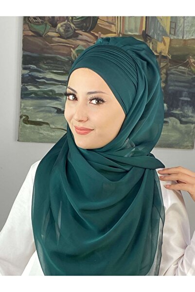 BUTİKAMBAR Saray Model Yan Drapeli Fransız Şifon Zümrüt Yeşili Hazır Şal