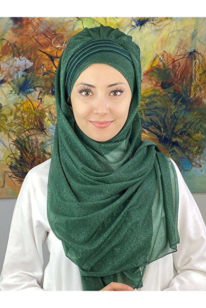 BUTİKAMBAR Saray Model Fransız Şifon Drapeli Simli Zümrüt Rengi Hazır Şal