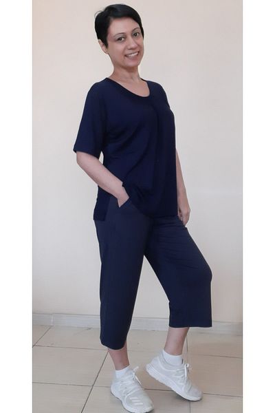 Mertcan Butik Navy Blue Collar Gathered Capri Size Pocket Combed Cotton Viscose Casual Pajamas Set