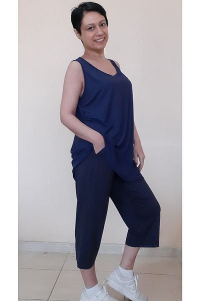 Mertcan Butik Navy Blue Strap T-Shirt Capri Size Pocket Combed Cotton Viscose Casual Pajama Set