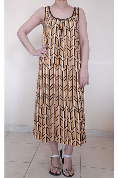 Mertcan Butik Mustard Black Patterned Combed Cotton Viscose Dress with Gathered Front and Back