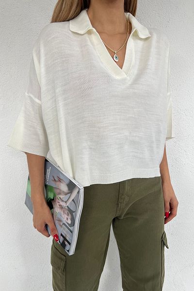 LE CARAMBOLE Women's White Polo Neck Oversize Knitwear Blouse