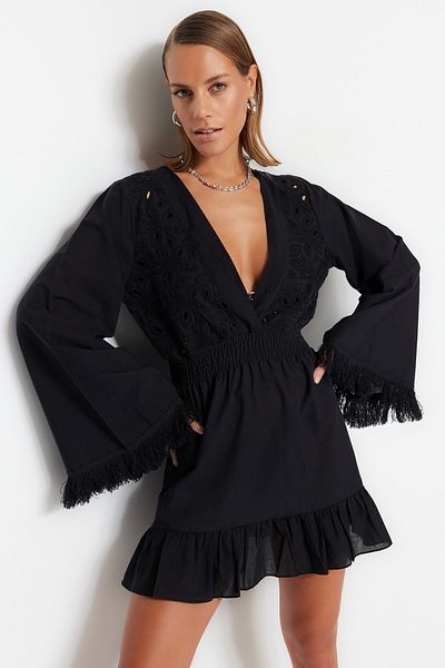 Trendyol Collection Černé mini tkané krajkové plážové šaty ze 100% bavlny
