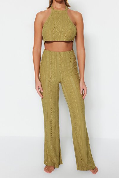 Trendyol Collection Khaki Pletená krajková halenka a kalhoty TBESS23AU00038